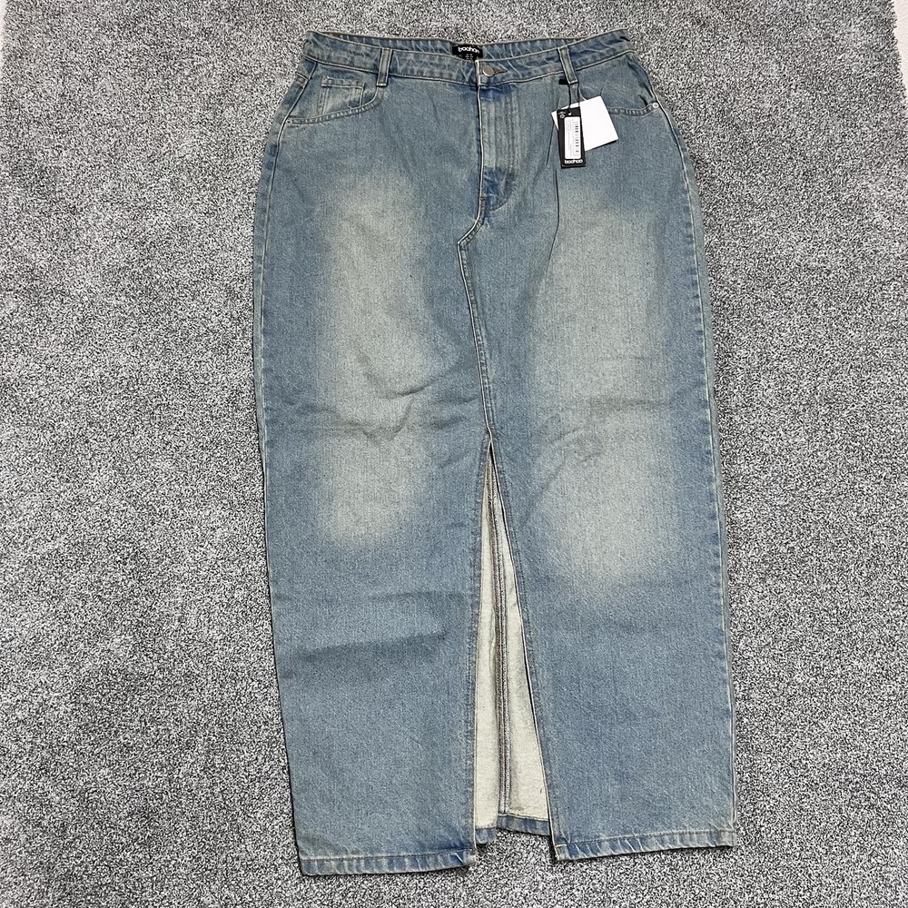Boohoo Denim Maxi Skirt Blue Front Slit Vintage Wash GZZ54368 Women US 12 NWT